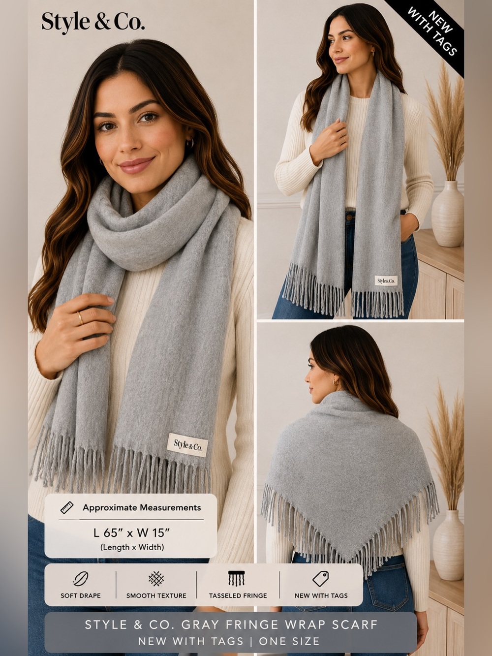 Style & Co. Gray Fringe Wrap Scarf NEW One Size